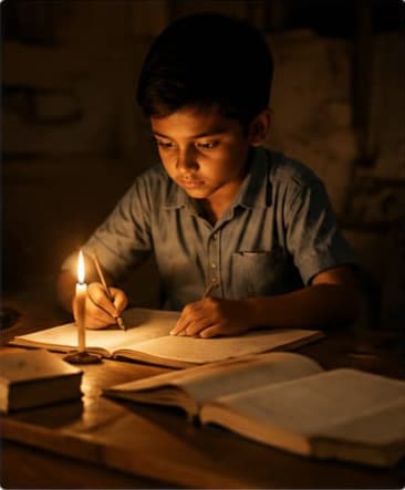 Child studying by candlelight